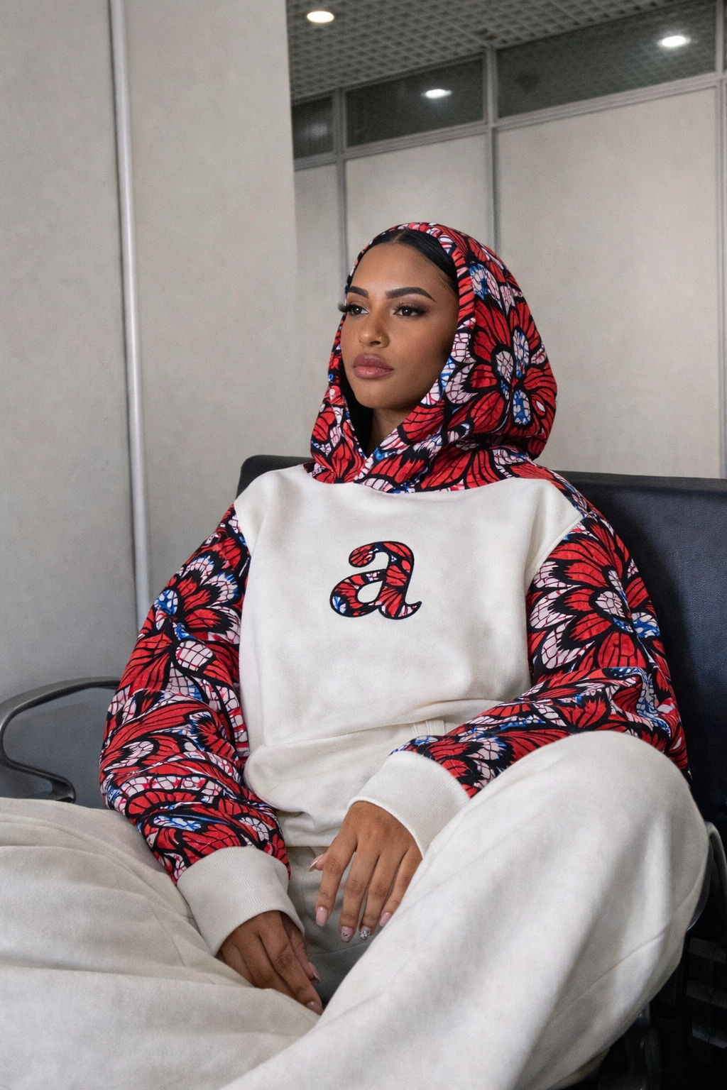 White Red & Blue Ankara Print Oversized Hoodie