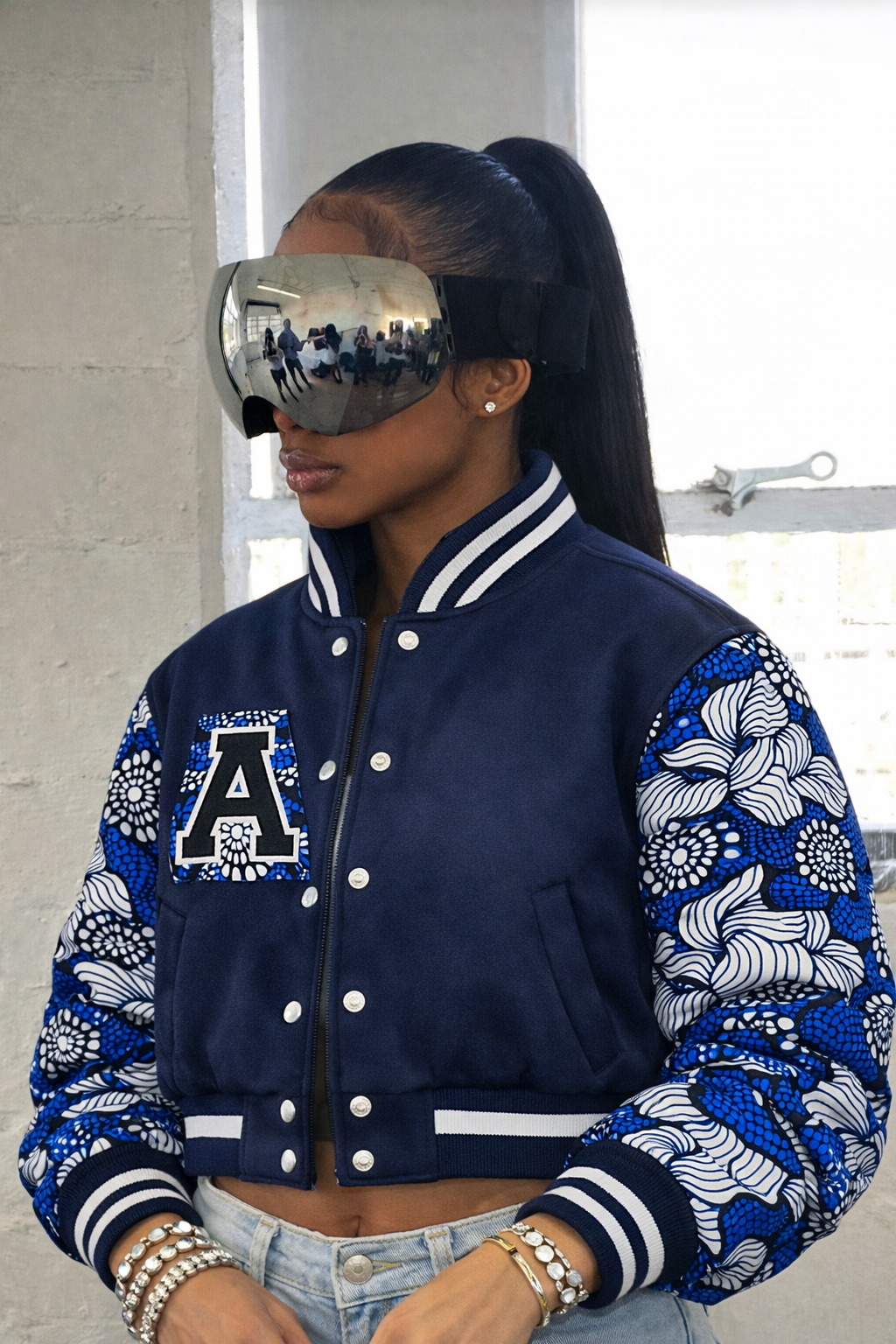 Navy Blue Ankara Unisex Varsity Jacket