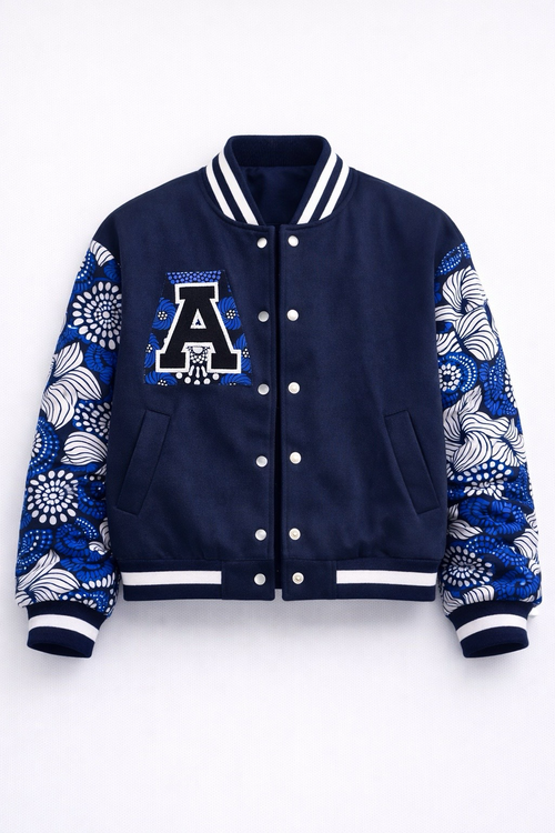 Navy Blue Ankara Unisex Varsity Jacket