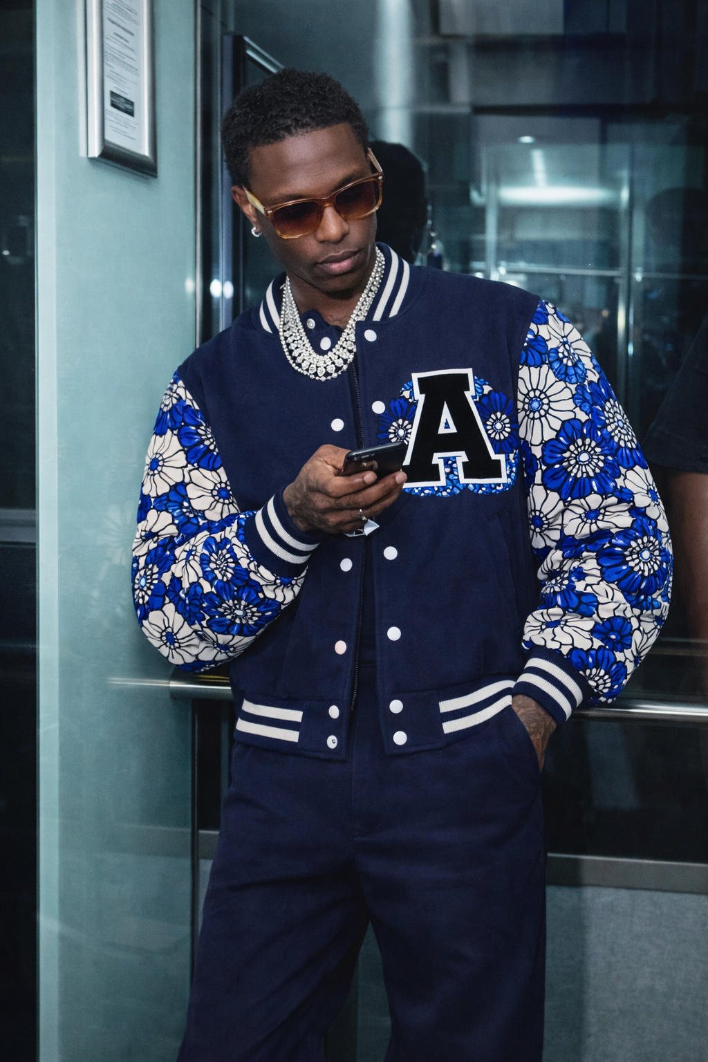 Navy Blue Ankara Unisex Varsity Jacket